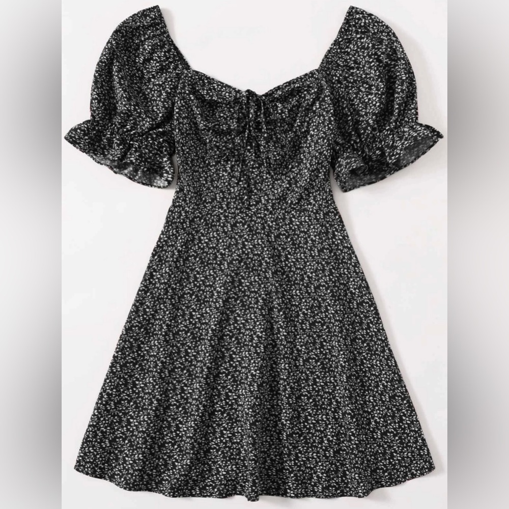 Puff Sleeve Drawstring Allover Print Milkmaid Dress